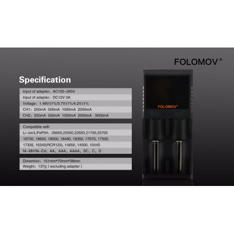 Folomov A2 26650 18650 2000 hurtigoplader Folomov A2 26650 18650 2000 hurtigoplader